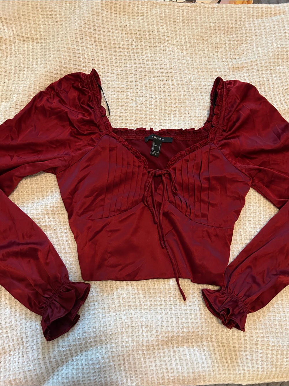 Forever 21 Wine Red Satin Tie-Front Blouse